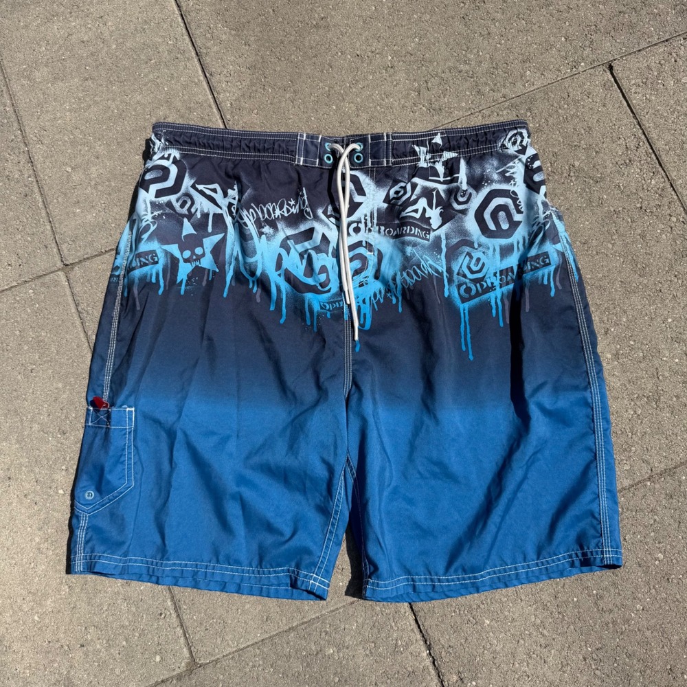 OP Ocean Pacific Mens XL Blue Graffiti Ombre Board Shorts Swim Trunks Cargo